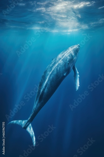 Amazing sea poster. portrait of a blue whale swimming on clear blue water sunlit . Concept sea life.