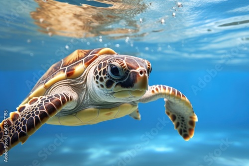Alluring marine banner. portrait sea turtle swimming in clear blue water illuminated by the sun . Concept sea life.