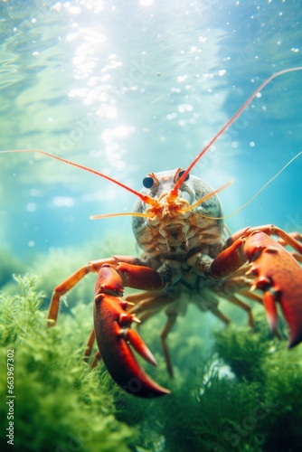 Original marine poster. portrait of a large crayfish on the bottom in clear light blue water . Concept sea life.