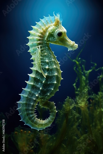 serenity sea poster. portrait of a seahorse on the bottom among algae in clear light blue water . Concept sea life.