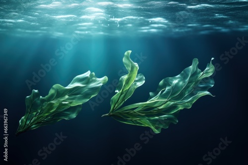 Marine original horizontal banner. Green algae swaying in blue sunlit water. Sea life concept. Space for design, text on marine theme. photo