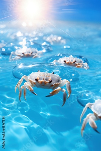 Enchanting marine poster. view of a group of snow crabs swimming in shallow water in clear blue water, illuminated by the sun. Concept sea life.