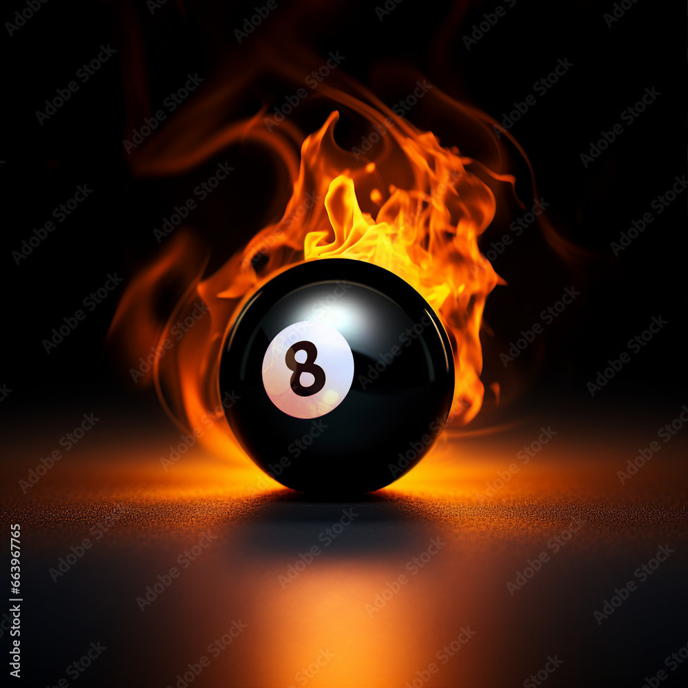 Burning black eight billiard ball on fire with flame tail on dark background, sport motion and action photography for wallpaper , poster or logo - obrazy, fototapety, plakaty 