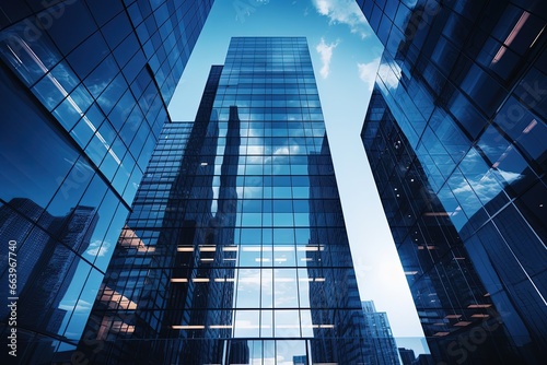 Modern Cityscape with Reflective Glass Buildings under a Blue Sky