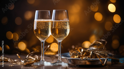 Champagne glasses. Celebration New Year. Glasses of sparkling wine in front of tender bright gold bokeh