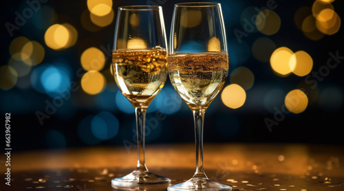 Champagne glasses. Celebration New Year. Glasses of sparkling wine in front of tender bright gold bokeh