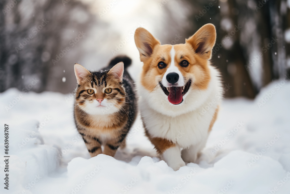 Cute fluffy corgi and cat walking on snowy road in winter park or forest. Funny friends dog and kitten. Adorable pets outside Cute fluffy corgi and cat walking on snowy road in winter park or forest. Funny friends dog and kitten. Adorable pets outside