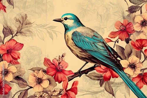 Art: floral bird sketch in modern style; tropical print pattern on beige background; botanical, vintage colors. Generative AI