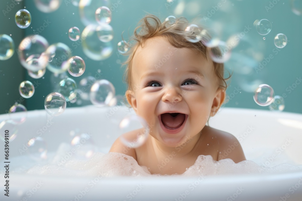 Baby taking a bath with foam and soap bubbles. Baby taking a bath with foam and soap bubbles.
