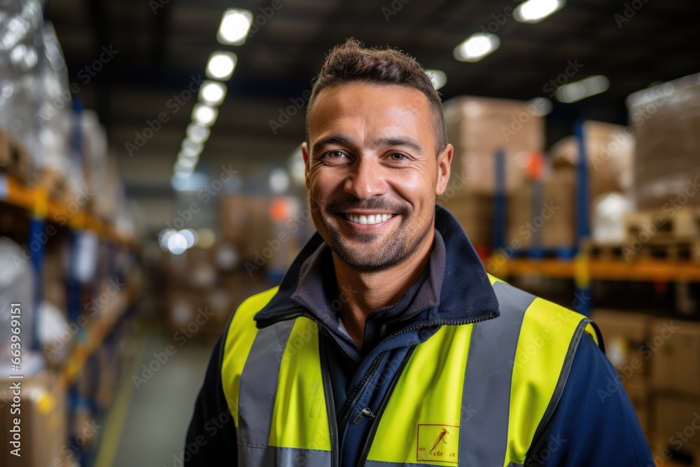 Man employee or supervisor looking at camera at warehouse. Man employee or supervisor looking at camera at warehouse.