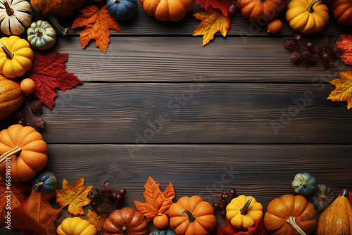 Autumn Leaves and Pumpkin Border Frame on Wooden Background, Autumn Leaves and Berries on Wooden Table. Autumn Background with Copy Space, Banner, Top View, Greeting Card