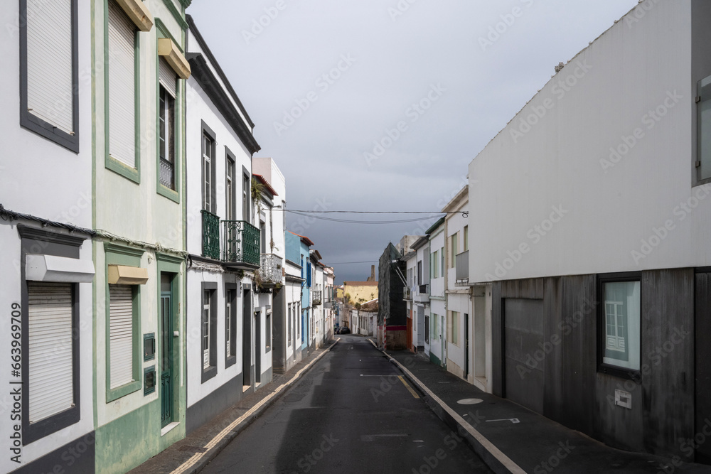 Facade of buildings in Ponta Delgada on the Island of Sao Miguel in the Azores