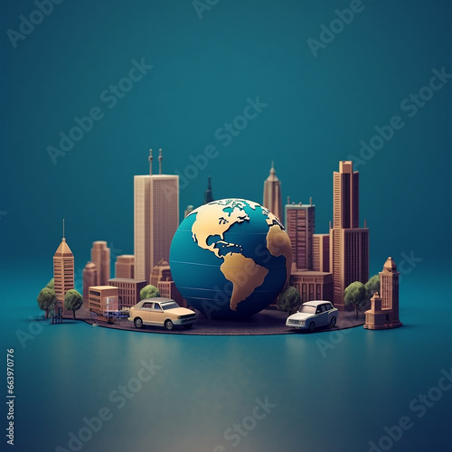 The globe is surrounded by urban infrastructure, buildings, balloons, green areas. Pictures to express a leasing company, futuristic cities with new architectural ideas. #663970776