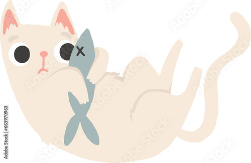 Funny white cat with fish. Cute png element. Hand drawn in simple cartoon style