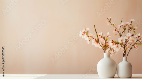 Beautiful cherry blossoms in vase on wooden table with pastel wall background  space for text. 