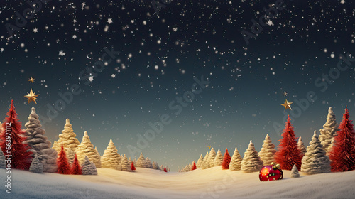 Christmas tree in snowy forest with gifts. Winter holiday background