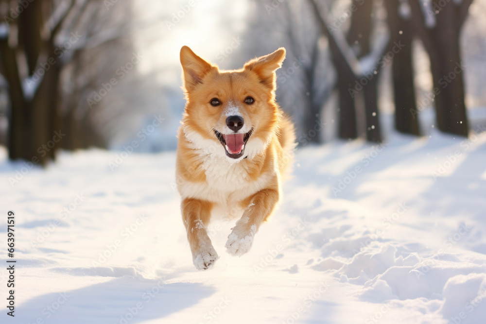 Healthy and happy active dog running in snow at park in winter. Generative AI Healthy and happy active dog running in snow at park in winter. Generative AI