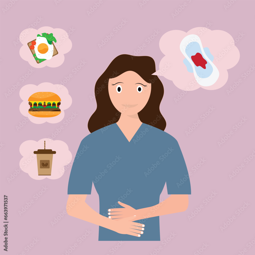Woman having period pain with mind swing. Sad woman Feel Pain and Cramps during Menstruation Period, Premenstrual Syndrome, Ovaries. Cartoon People Vector Illustration. Woman having period pain with mind swing. Sad woman Feel Pain and Cramps during Menstruation Period, Premenstrual Syndrome, Ovaries. Cartoon People Vector Illustration.