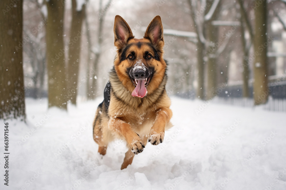 Healthy and happy active dog running in snow at park in winter. Generative AI Healthy and happy active dog running in snow at park in winter. Generative AI