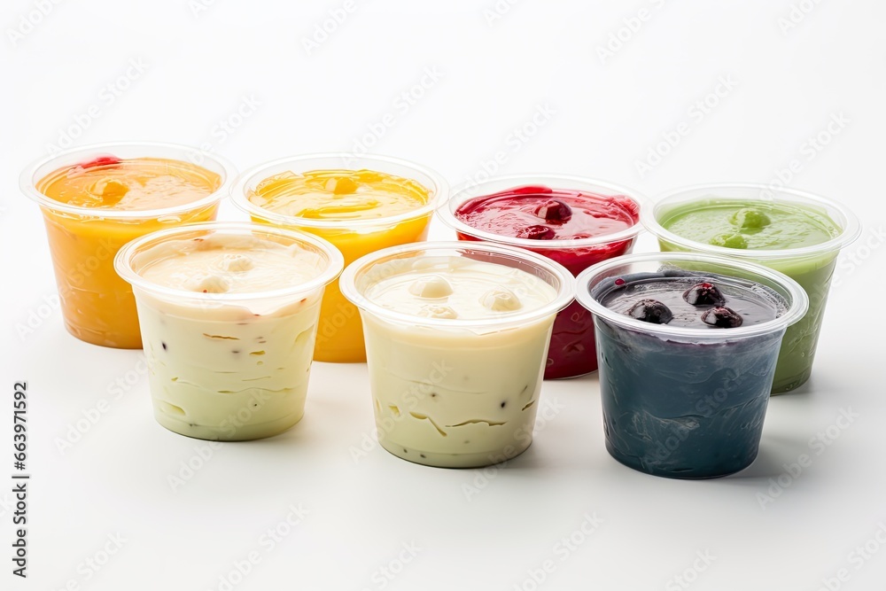 Pudding Cups Assorted Flavors Isolated on White Background Pudding Cups Assorted Flavors Isolated on White Background