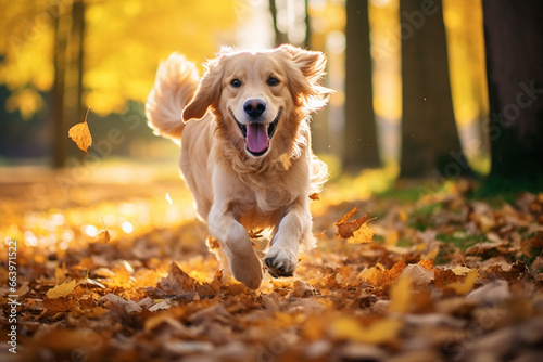 Healthy and happy active dog running in park. Generative AI