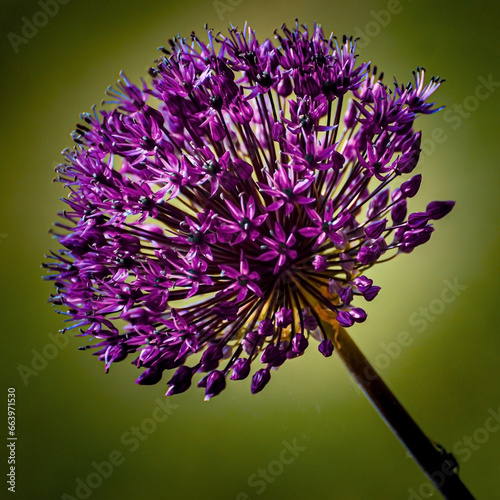 Solitary Purple Allium flower head composition close up with blurred background. Lovely halo affect and lighting and diagonal. Beautiful botanical flower image and colours.