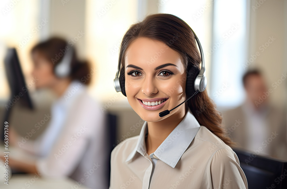 Smiling customer support operator with hands-free headset working in the office. Woman worker, ai Smiling customer support operator with hands-free headset working in the office. Woman worker, ai
