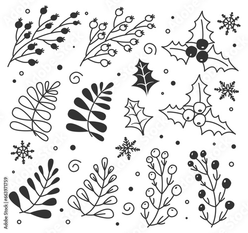 Set of plant winter elements, hand drawn. Symbols of winter, Christmas for textiles, fabrics, paper, wallpaper, banners, greeting cards. Doodles. Winter vector illustration