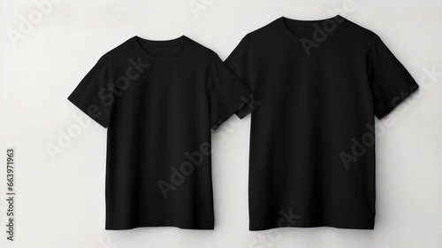 A mock-up display of empty black t-shirts suspended against a white wall, showcasing both the front and rear aspects. These shirts are primed for you to insert your own designs