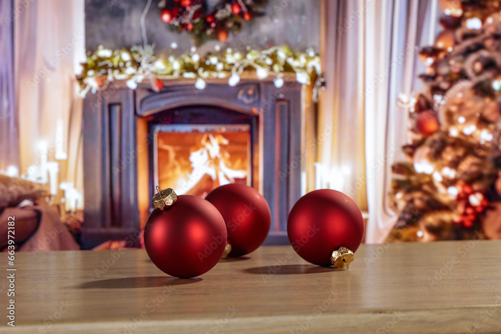 Desk of free space and christmas small balls. Empty space for your decoration - mockup background. 