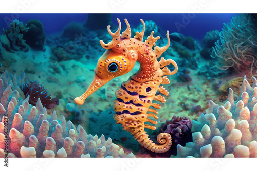 Seahorse swimming in the ocean surrounded by coral reef