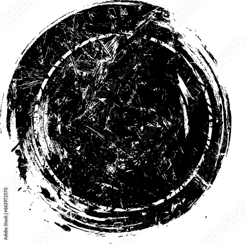 Black grungy round splash shape with white frame. Distress texture of spots, stains, ink, dots, scratches. Design element for pattern, grungy effect, template, banner, insignias, icons, badges, emblem