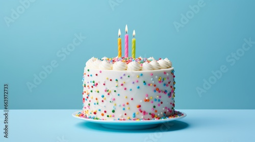 White Birthday cake with colorful Sprinkles over a blue background