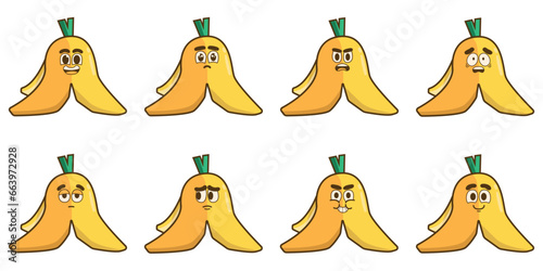 Animated banana peel with different facial expressions on a white background.