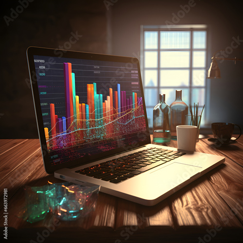 Businessman or data scientist working on laptop with business dash board analytics chart metrics KPI to analyze the performance and create insign reports of business management