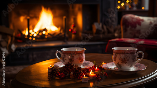 Cozy Christmas scene with two cups of tea by the lit fireplace