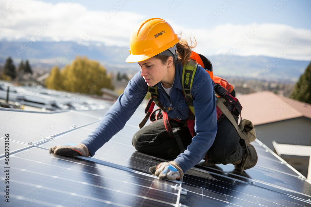 Solar panel installer working in a roof Solar panel installer working in a roof
