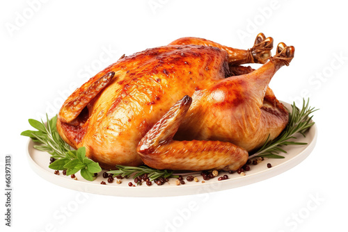 Freshly baked whole chicken, Appearing crispy and tender, isolated on a white and Transparent background