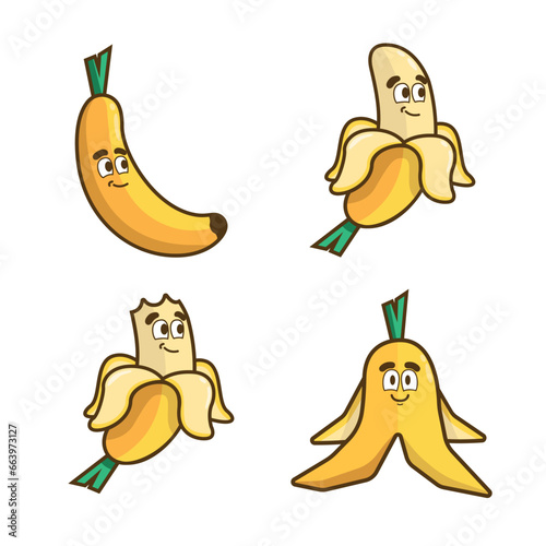 Banana with a calm face on whole fruit, peeled, bitten, and peel on a white background.