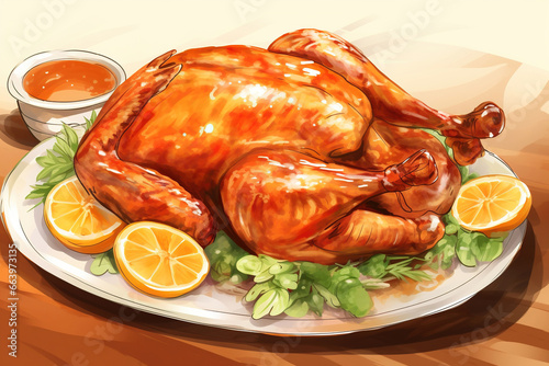 Roasted chicken on a plate with salad. Hand drawn oil painting illustration of fried chicken, cartoon Thanksgiving food, and roast turkey clip art.