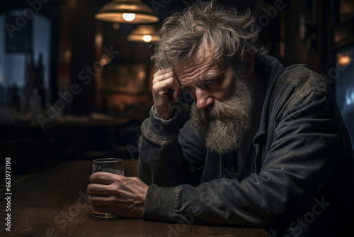 Sad old man drink alone. AI generative