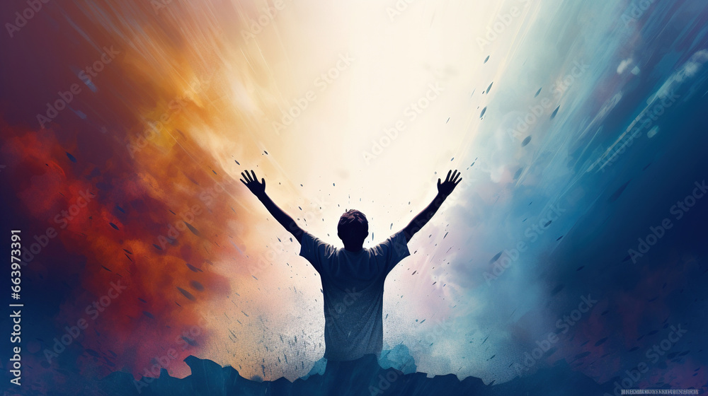 Man Raising His Hands in Worship and Praise of God. Cheering Man With Colorful Pastel Illustration Oil Painting Wall Art Wallpaper - obrazy, fototapety, plakaty 