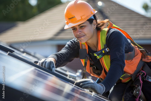 Solar panel installer working in a roof photo