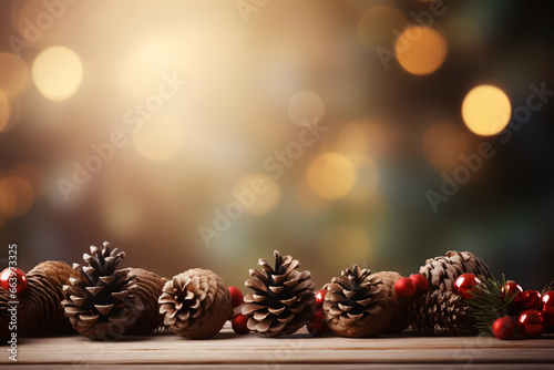 Banner with Christmas decorations on blurred bokeh effect background