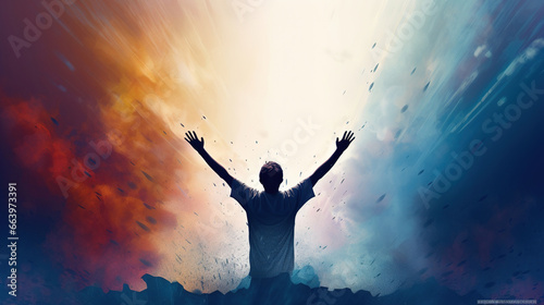 Man Raising His Hands in Worship and Praise of God. Cheering Man With Colorful Pastel Illustration Oil Painting Wall Art Wallpaper photo