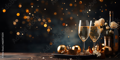 Dark bottle and glasses with sparkling wine on bokeh effect background, empty space for text insertion, holiday theme