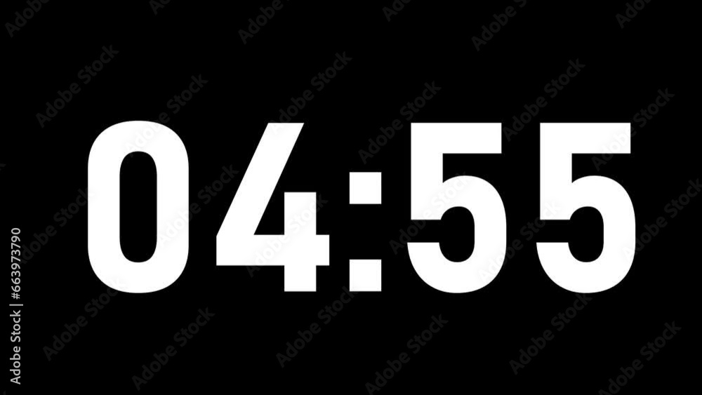 Digital clock timer in zero second to 5 minute. White text number on isolated black background. 4K footage motion video