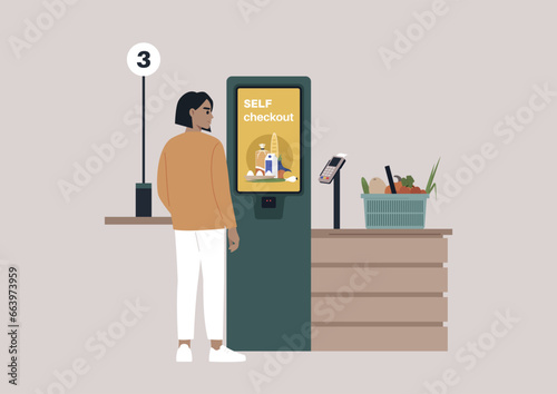 A self service checkout register, a supermarket store operated without managers