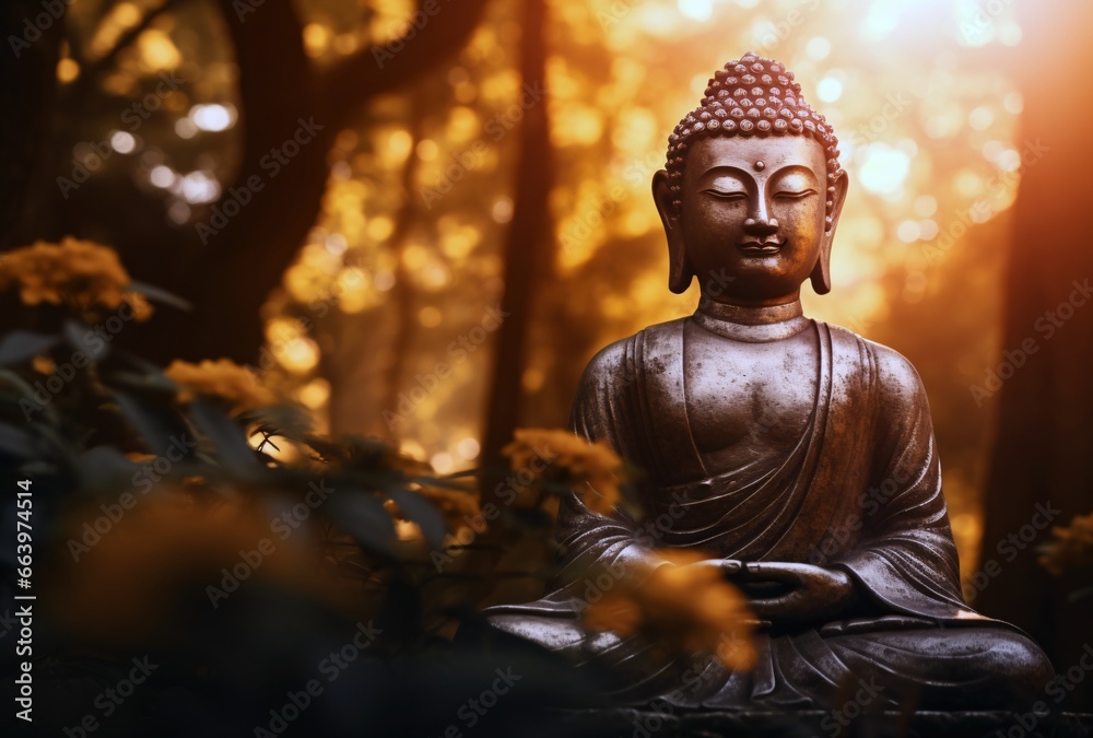 Fototapeta premium Buddha Statue in Sunlit Wooded Landscape