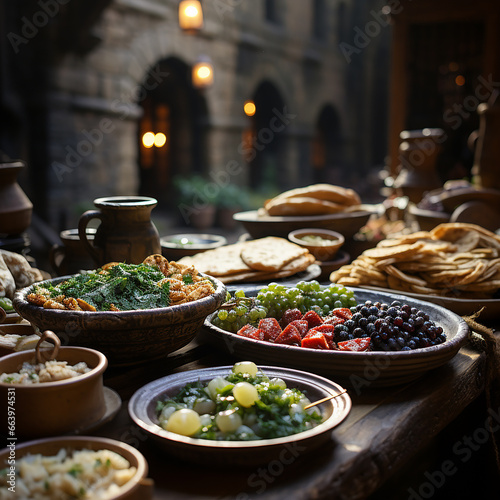 spices in the market, Turkish local food, dishes in the foreground medieval food banquet, 